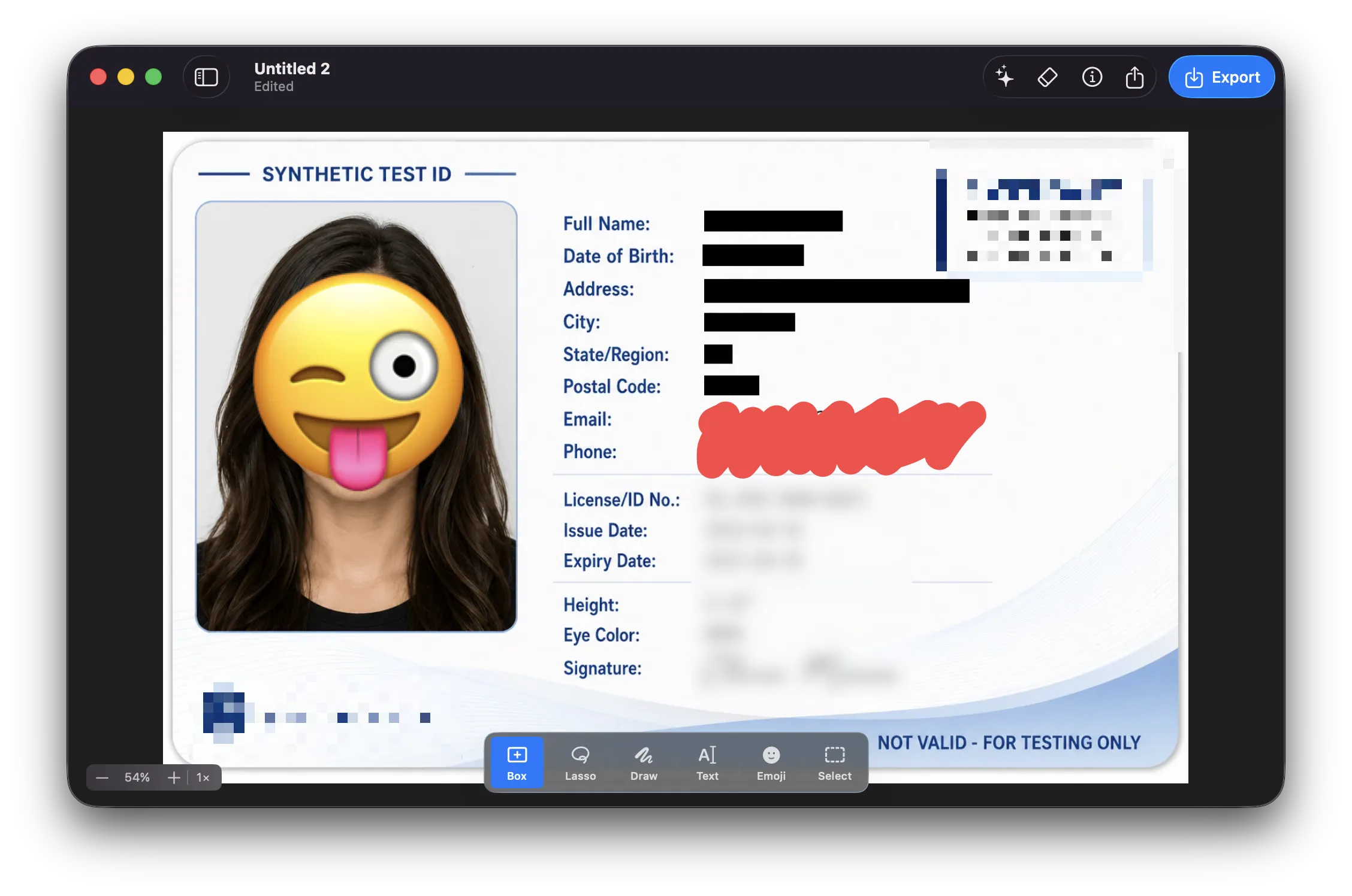The Redacted Mac app editing a sample ID card — a face covered with an emoji, fields blacked out, and details blurred.