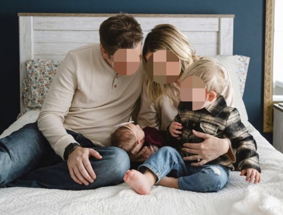 A family photo in the Redacted editor with everyone's faces pixelated into a mosaic.